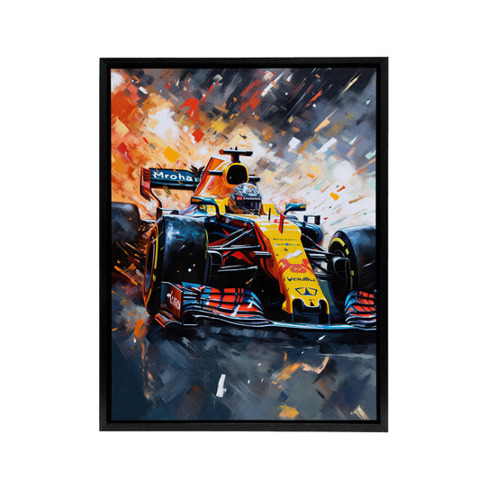 Grand Prix Race Car Track Action Shot Black Framed Canvas Wall Art Print