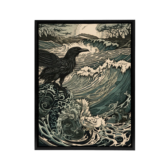 Raven And Crashing Waves Seascape Black Framed Canvas Wall Art Print