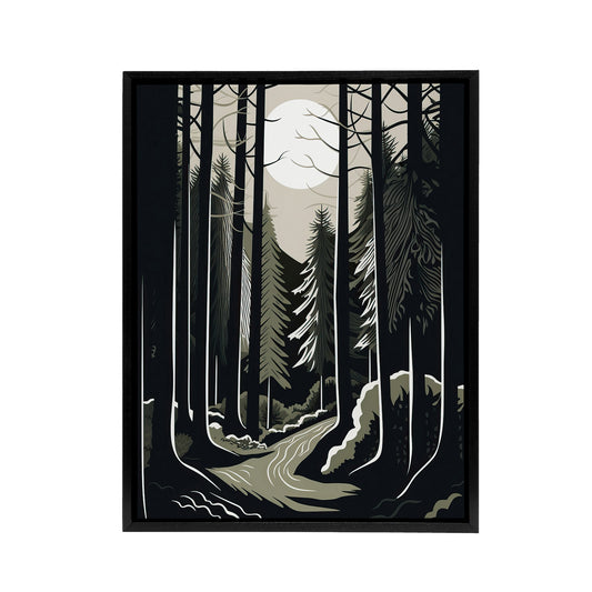 Full Moon Over Forest Landscape Black Framed Canvas Wall Art Print