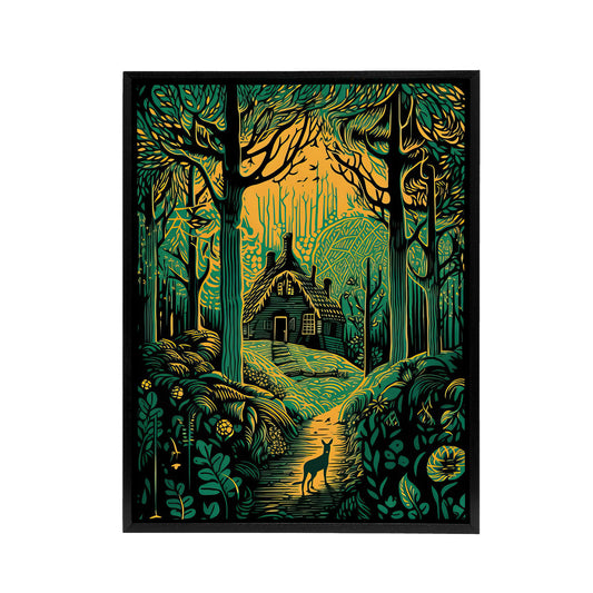 Cabin Hut In A Forest At Sunrise Black Framed Canvas Wall Art Print