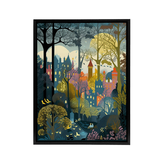 Village Through Sherwood Forest Folk Art Black Framed Canvas Art Print