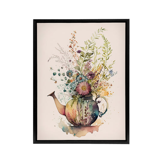 Wildflower Floral Bouquet In Teapot Vase Black Framed Canvas Art Print