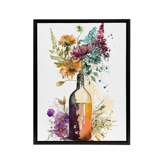 Wildflower Bouquet In Wine Bottle Floral Black Framed Canvas Art Print