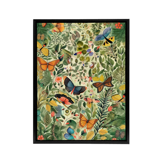Butterflies In Spring Field Black Framed Canvas Wall Art Print