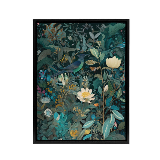 Birds in Blooming Wildflower Field Black Framed Canvas Wall Art Print
