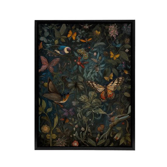 William Morris Style Plants Birds Butterflies Black Framed Canvas Art
