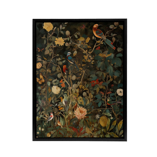 Birds In Flowering Shrubs Floral Black Framed Canvas Wall Art Print