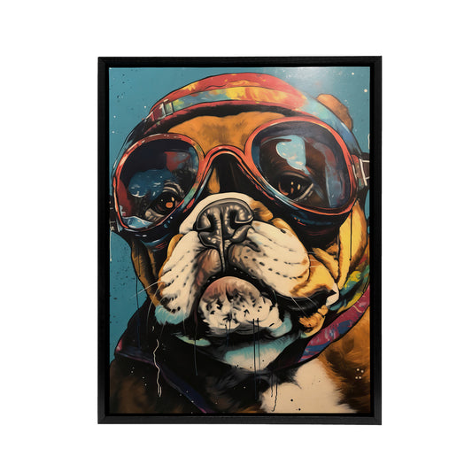 Bulldog Dog With Retro Motorcycle Goggles Black Framed Canvas Art Print