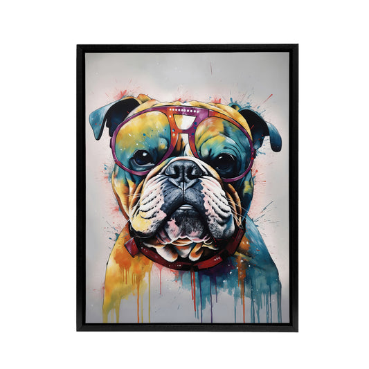 English Bulldog Dog With Sunglasses Black Framed Canvas Wall Art Print