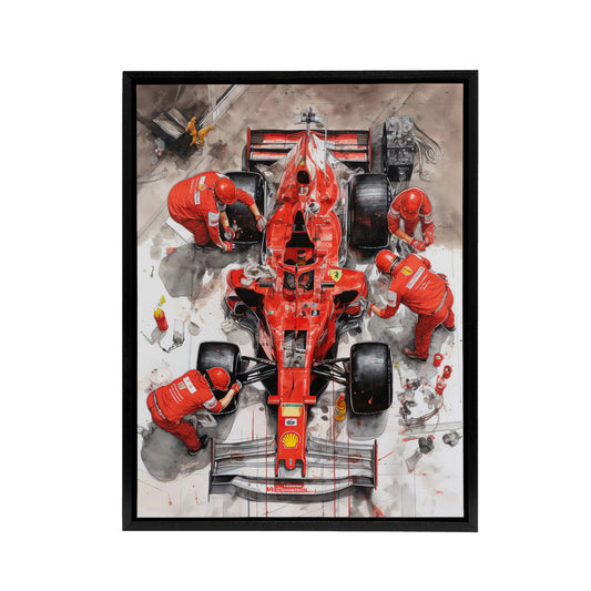 Grand Prix Race Car Wheel Change Black Framed Canvas Wall Art Print