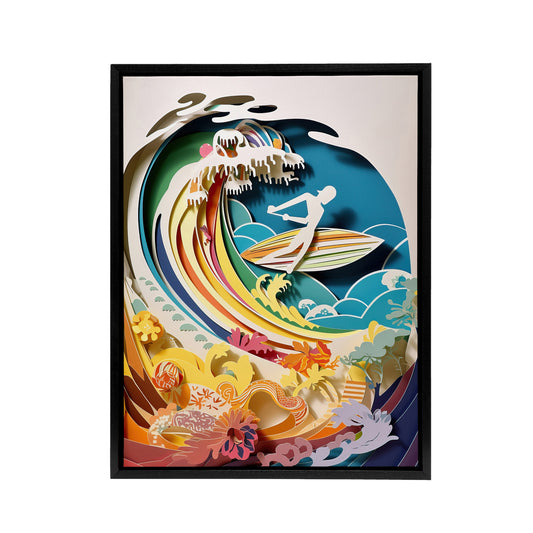 Rainbow Kirigami Surfer in Coastal Landscape Black Framed Canvas Wall Art
