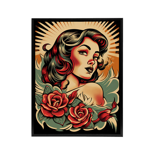 Rockabilly Pin Up Girl and Roses Tattoo Style Black Framed Canvas Art