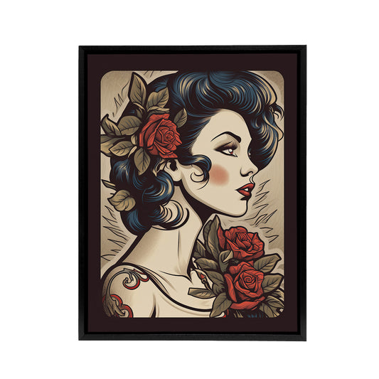 Pin Up Girl Floral Rockabilly Tattoo Style Black Framed Canvas Art Print