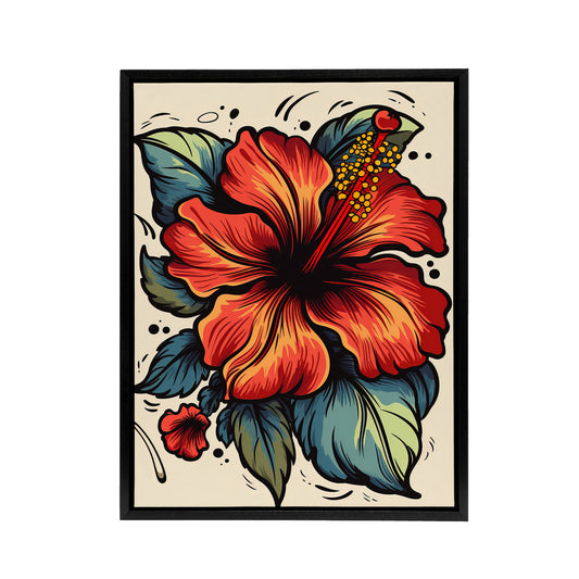 Hibiscus Old School USA Tattoo Design Black Framed Canvas Wall Art Print