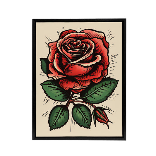 Rose Flower Old School USA Rockabilly Tattoo Black Framed Canvas Wall Art