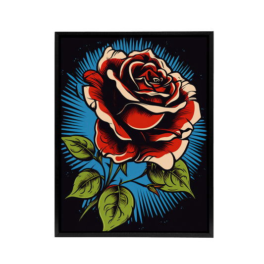 Old School USA Tattoo Rose Flower Black Framed Canvas Wall Art Print