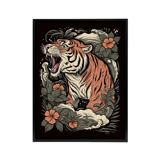 Roaring Tiger Old School USA Tattoo Black Framed Canvas Wall Art Print