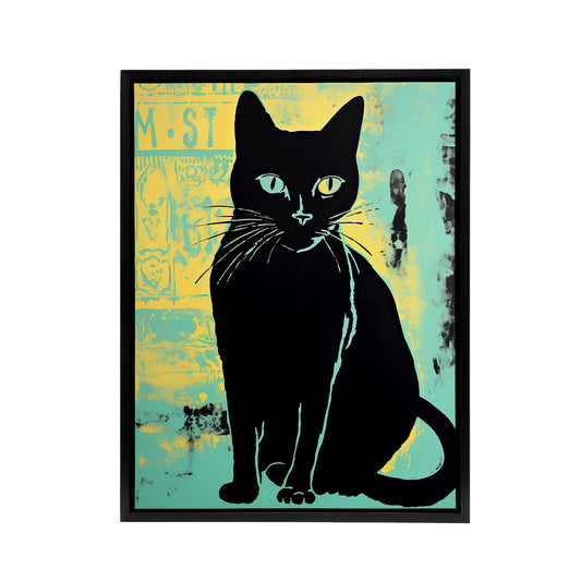 Cat Vibrant Linocut Vintage Advert Style Black Framed Canvas Art Print