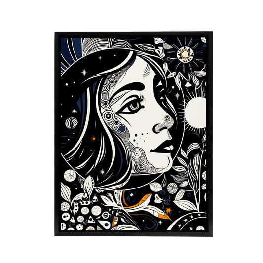 Moon And Sun Tarot Card Style Portrait Black Framed Canvas Wall Art Print