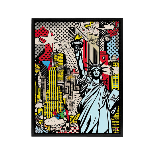 New York Skyline Statue Of Liberty Pop Art Black Framed Canvas Art Print
