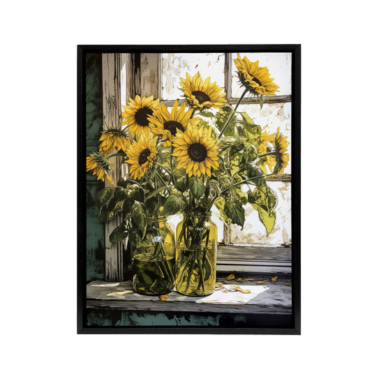 Sunflower Vases Still Life Black Framed Canvas Wall Art Print