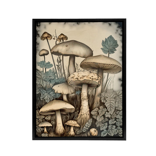 Mushroom Fungi Watercolour Vintage Black Framed Canvas Wall Art Print