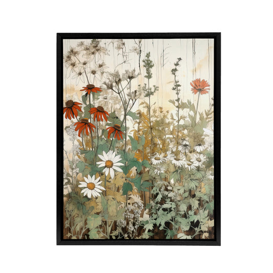 Daisy Wildflowers Vintage Watercolour Black Framed Canvas Wall Art Print