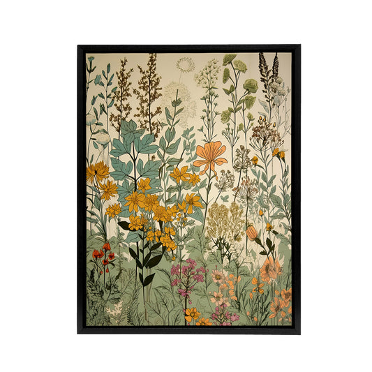 Wildflower Field Vintage Botanical Black Framed Canvas Wall Art Print