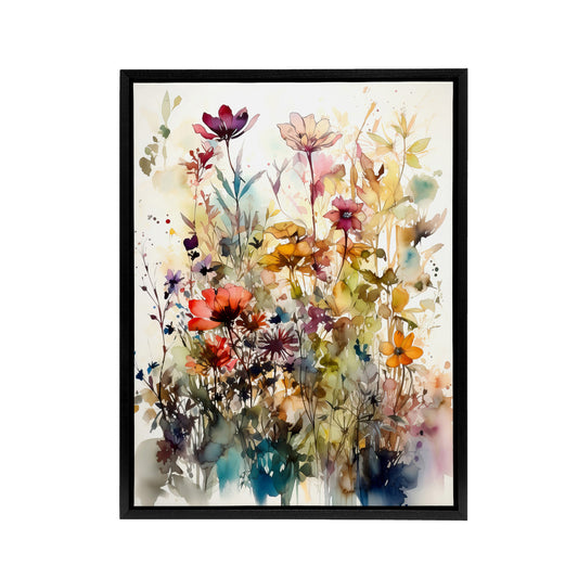 Spring Wild Flowers Watercolour Black Framed Canvas Wall Art Print