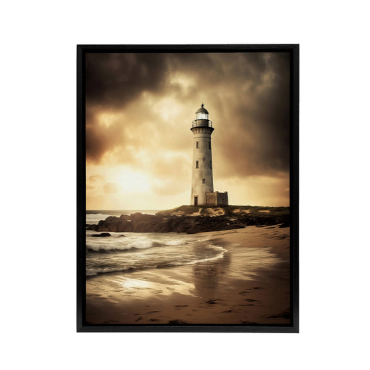 Lighthouse Beach Sunset Seascape Black Framed Canvas Wall Art Print