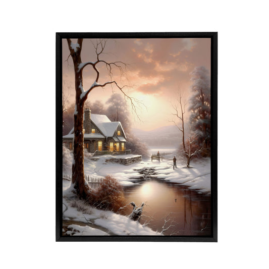 Winter Cottage Snowy Landscape at Sunset Black Framed Canvas Art Print