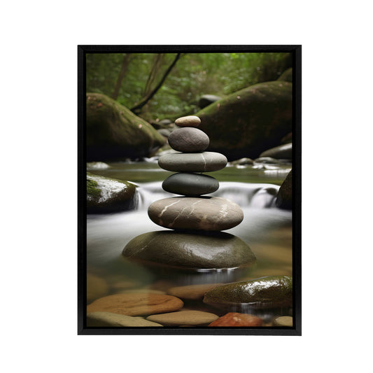 Zen Stones in Forest River Massage Salon Black Framed Canvas Art Print