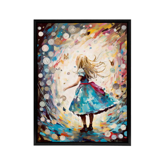 Alice Down Rabbit Hole and Wonderland Clocks Black Framed Canvas Wall Art