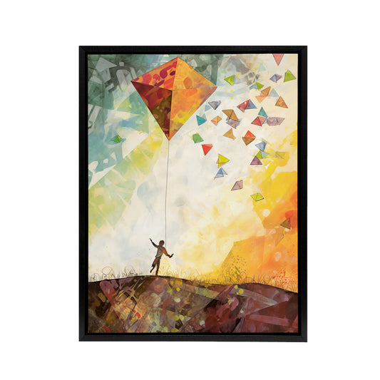 Child Flying Big Kite In Rainbow Sky Black Framed Canvas Wall Art Print