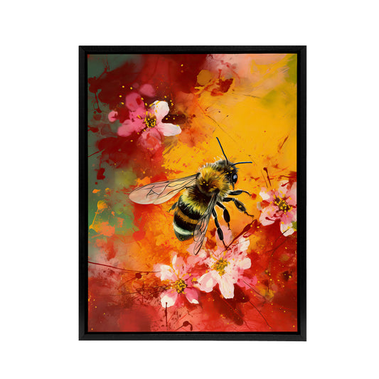 Honey Bee On Abstract Flower Bed Black Framed Canvas Wall Art Print