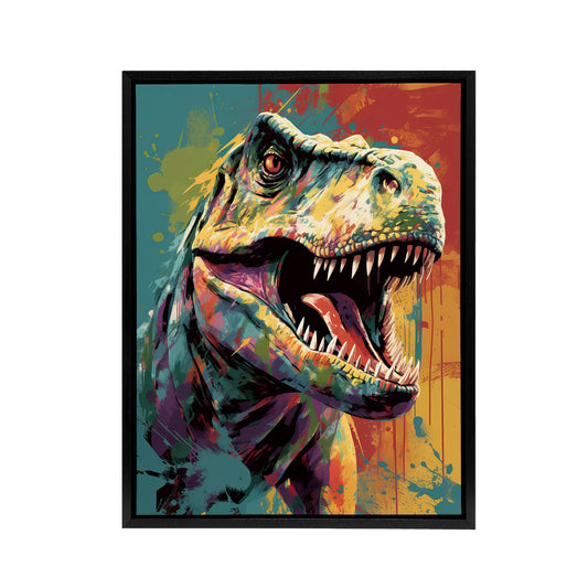 Roaring T Rex Colourful Dinosaur Black Framed Canvas Wall Art Print