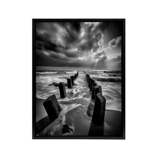 Pier Ruins In Dramatic Coastal Landscape Black Framed Canvas Art Print
