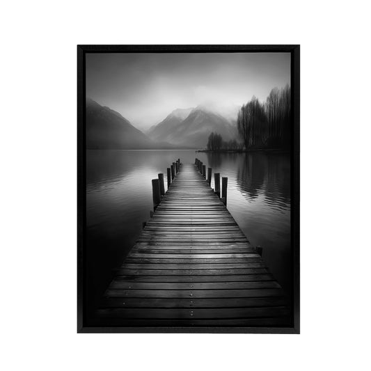 Lake Pier Mountain Landscape Photograph Black Framed Canvas Wall Art Print