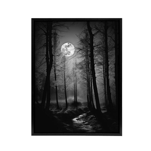 Full Moon Over Misty Forest Landscape Black Framed Canvas Wall Art Print