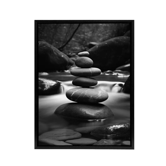 Zen Stones Stack In River Black White Photo Black Framed Canvas Art Print