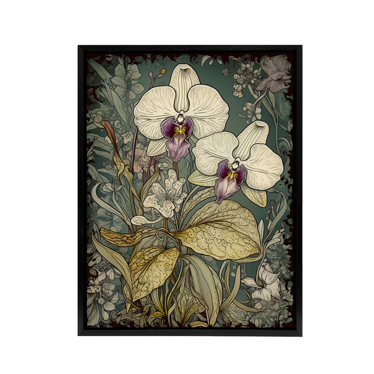 Orchid Flowers Art Nouveau Black Framed Canvas Wall Art Print