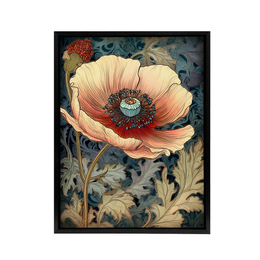 Peach Anemone Flower Art Nouveau Black Framed Canvas Wall Art Print