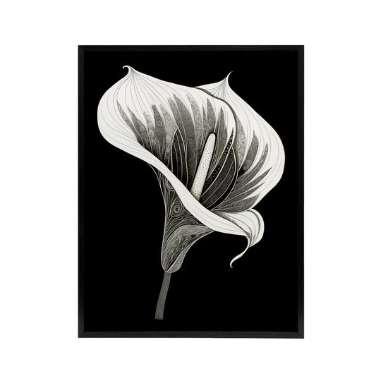 Batik Style Black White Calla Lily Flower Black Framed Canvas Art Print