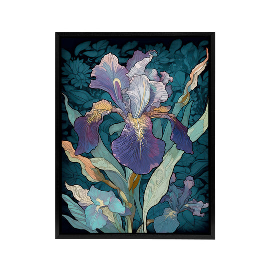 A Single Iris Flower Black And White Black Framed Canvas Wall Art Print