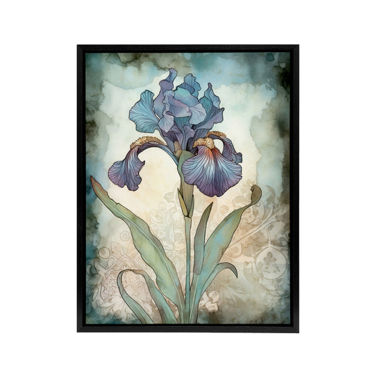 Blue Iris Flower Floral Art Nouveau Black Framed Canvas Wall Art Print