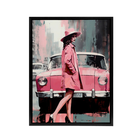 Woman And Pink Classic Car Retro Fashion Black Framed Canvas Art Print