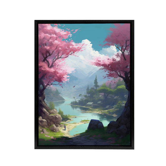 Cherry Blossoms In Forest Lake Landscape Black Framed Canvas Art Print