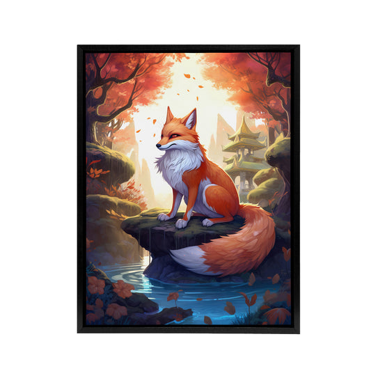 Kitsune Fox in Japanese Temple Forest Black Framed Canvas Wall Art Print