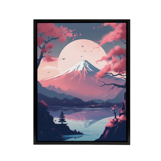 Mount Fuji Lake And Cherry Blossom Trees Black Framed Canvas Art Print