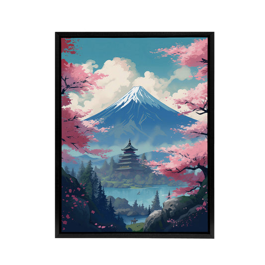 Japanese Temple in Mount Fuji Lake Landscape Black Framed Canvas Wall Art